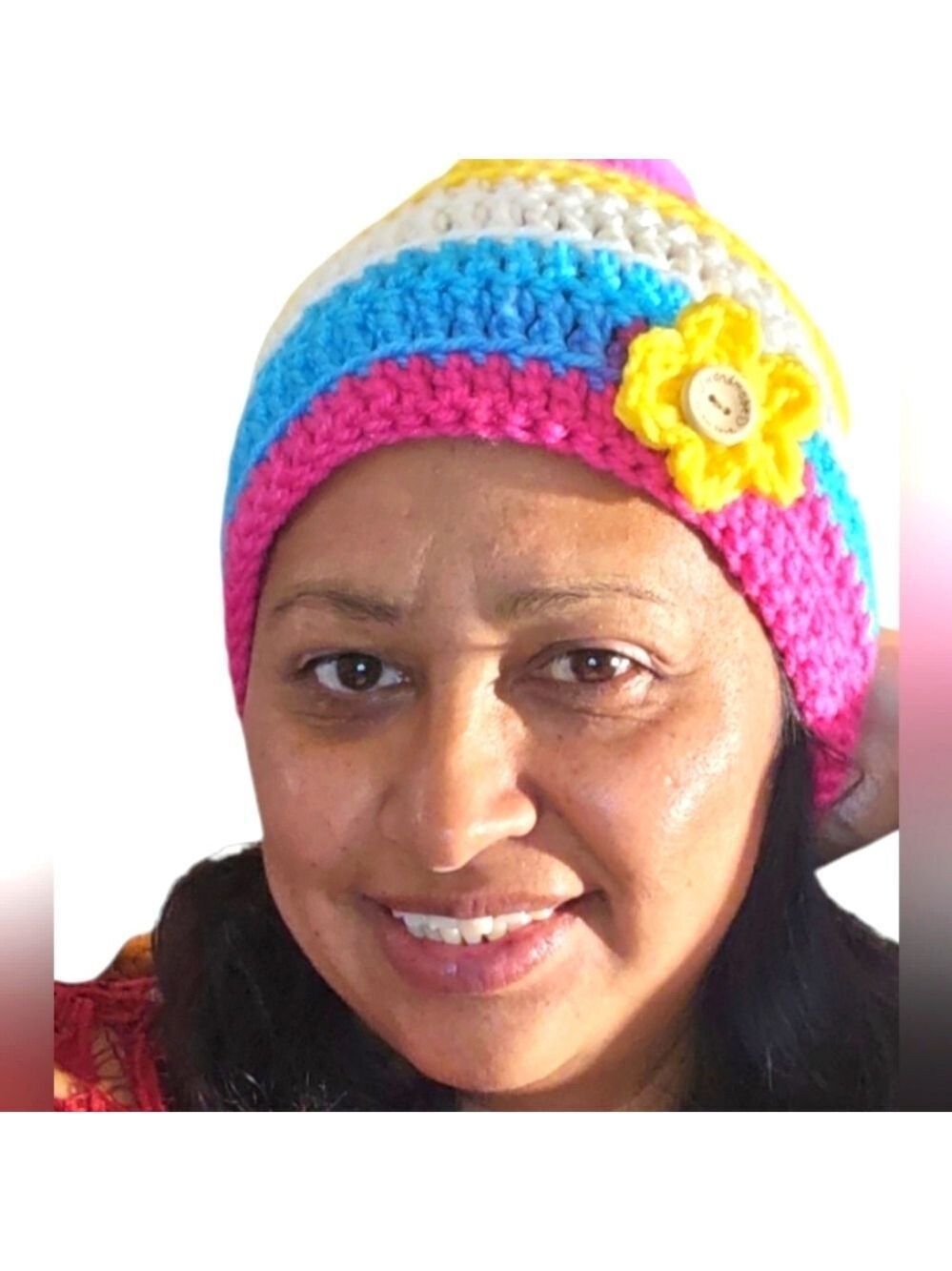 Hand Crafted Crochet Beanie Oversized Multicolored Pink pompom winter hat unique